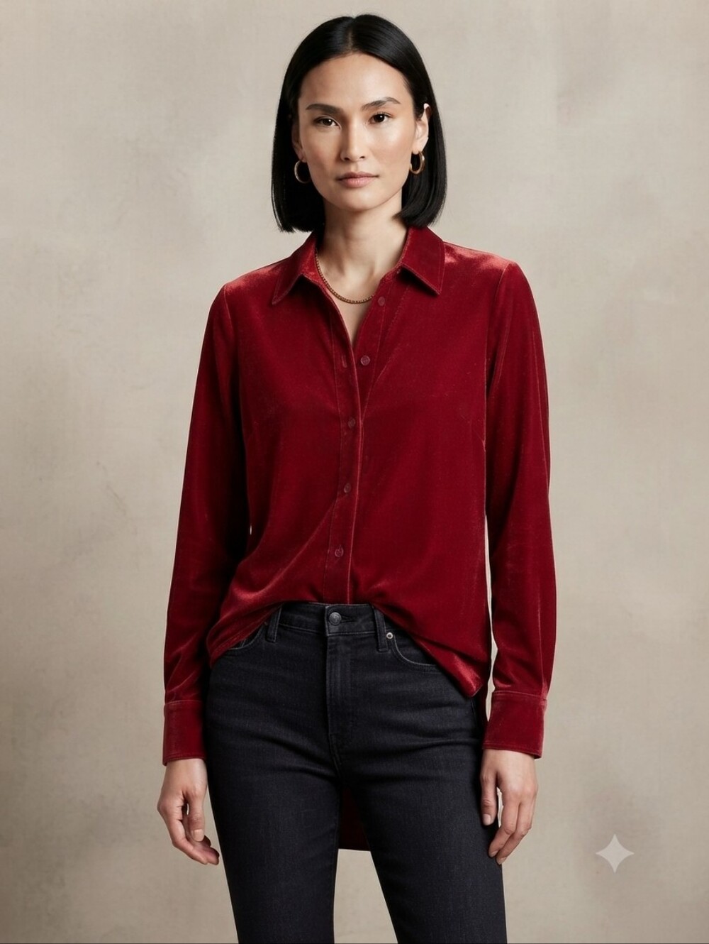 Soft Surroundings Red Velvet Boyfriend Tunic Botton Up Small